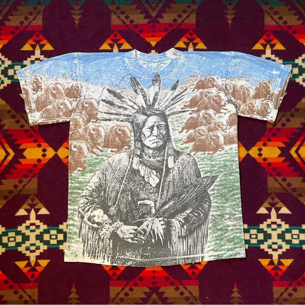 Rare Vintage 90s Running Buffalo Native American Chief All Over Print Tee MensXL